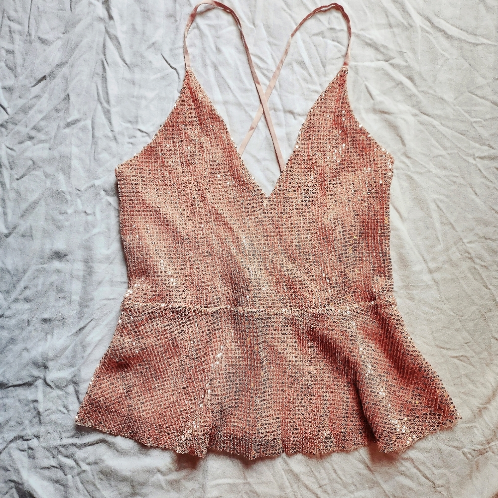 Express Sequins Lined Babydoll Peach Sleeveless Sheer Blouse